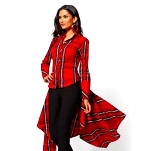 New York & Company Red Black Plaid Button Down High/Low Tunic M